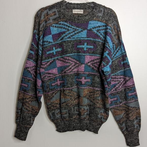 Vintage 80's Sweater JJ Cochran Furry Geometric Print Men's Size XL - Picture 1 of 6